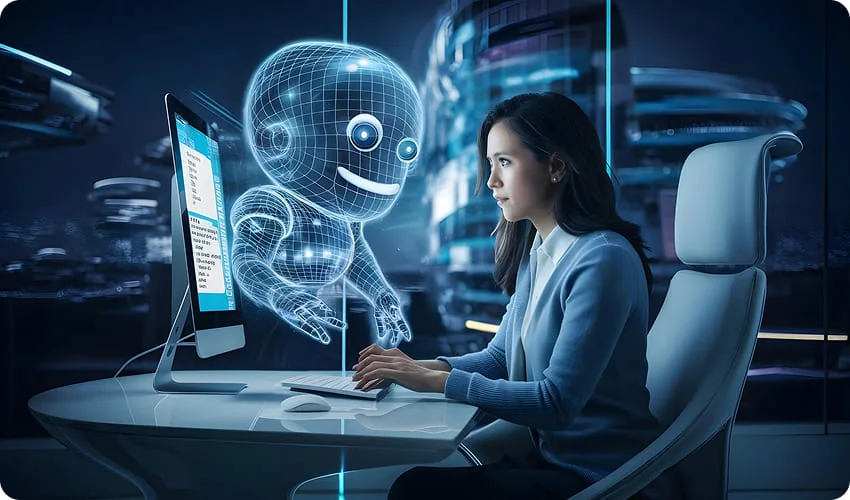 Business team collaborating with AI technology to manage customer enquiries
